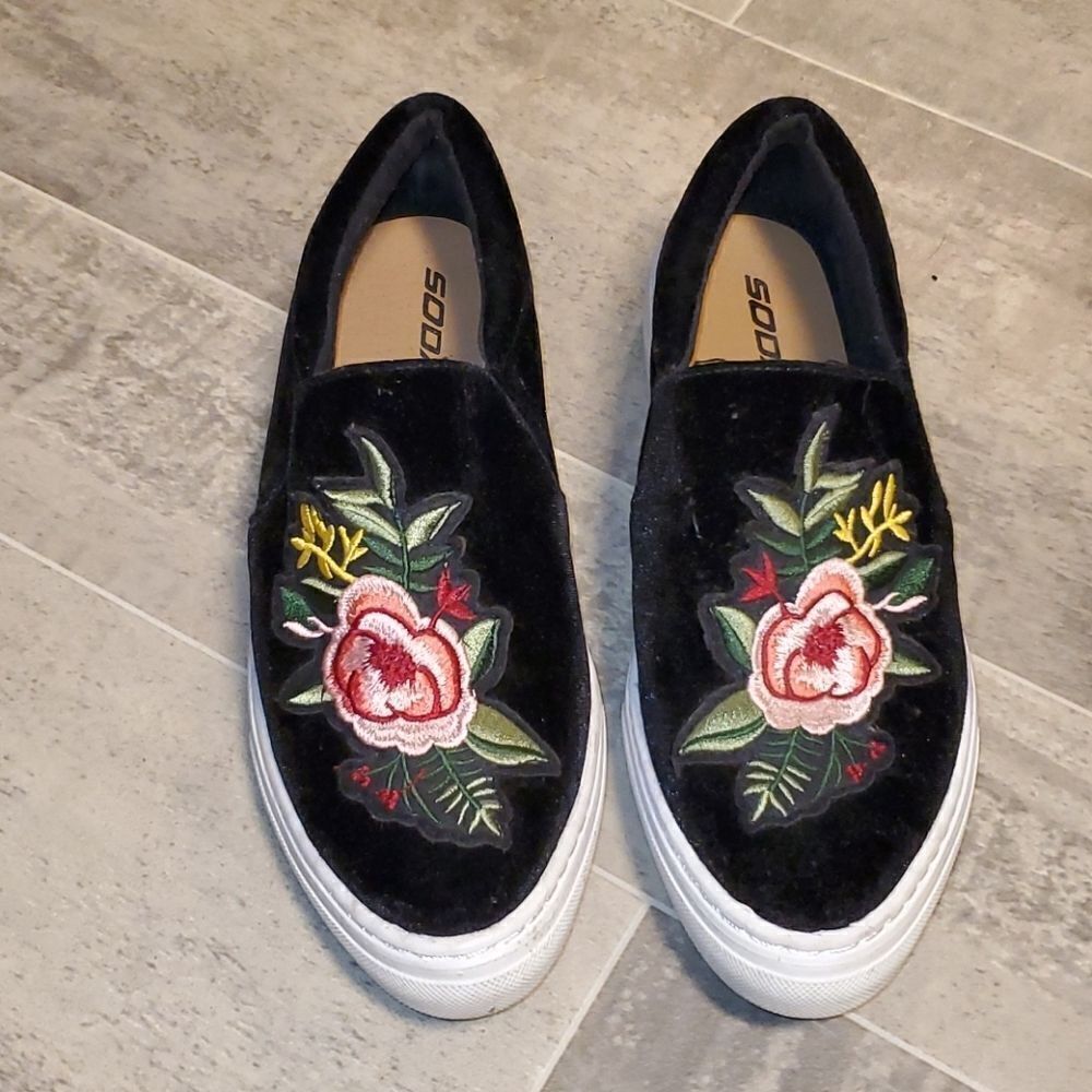 Black Velvet Embroidered Slip On Loafers
